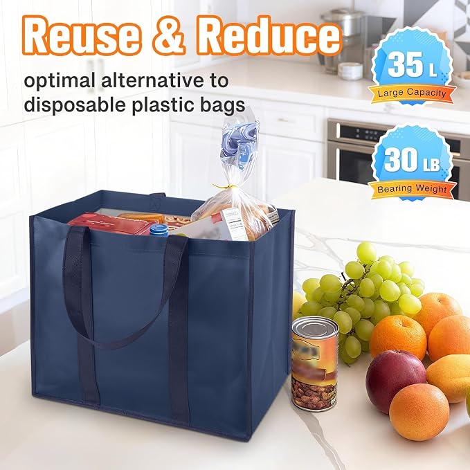 WISELIFE Reusable Grocery Bags, Foldable, Lasting Use, 35L, 6 Pack, Blue | Large Shopping Bags with Reinforced Stitching, Water-Resistant Grocery Totes for Kitchen, Market, Car Trunk, Picnic - Image 4