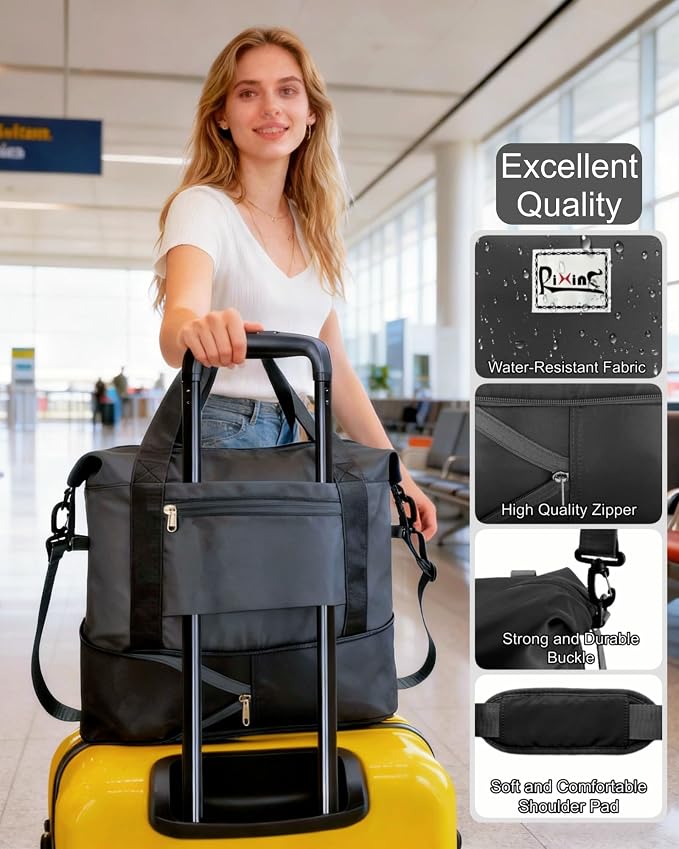 Foldable Travel Duffel Bag for Women, Black | 40L Expandable Water-Resistant Carry on Bag, Personal Item Travel Bag Flight Approved with Wet Pocket for Gym Travel, Nylon - Image 6