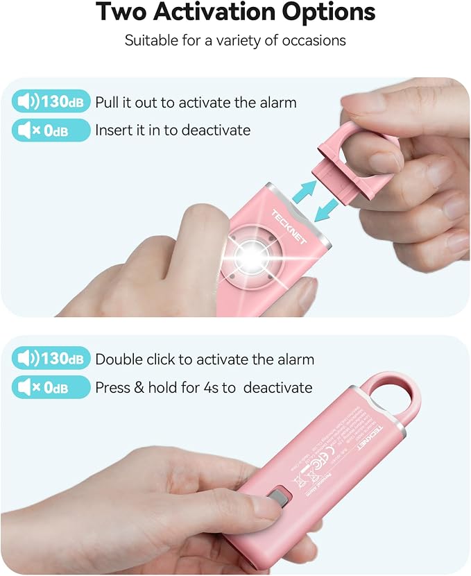 TECKNET Rechargeable Personal Safety Alarm for Women, 130dB Self Defense Keychain Alarm with SOS Strobe Light, Low Battery Notice, Loud Siren Safety Keychain for Girls Kids Elderly - Pink - Image 3