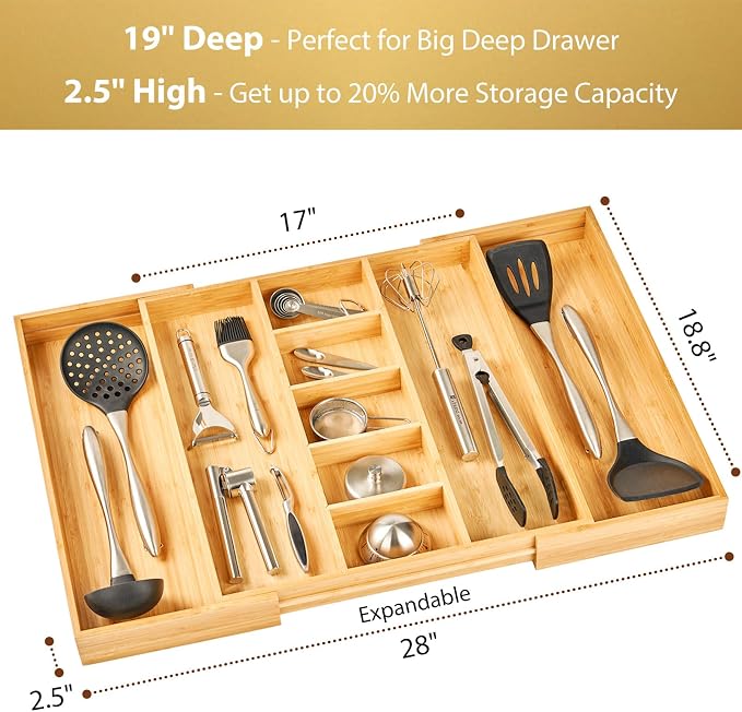 Extra Large Expandable Kitchen Drawer Organizer for Utensil and Junk, 19" Deep for Big Drawer, 17" to 28" Adjustable Bamboo Wood Drawer Divider, Cutlery Tray, Flatware Holder - Image 2