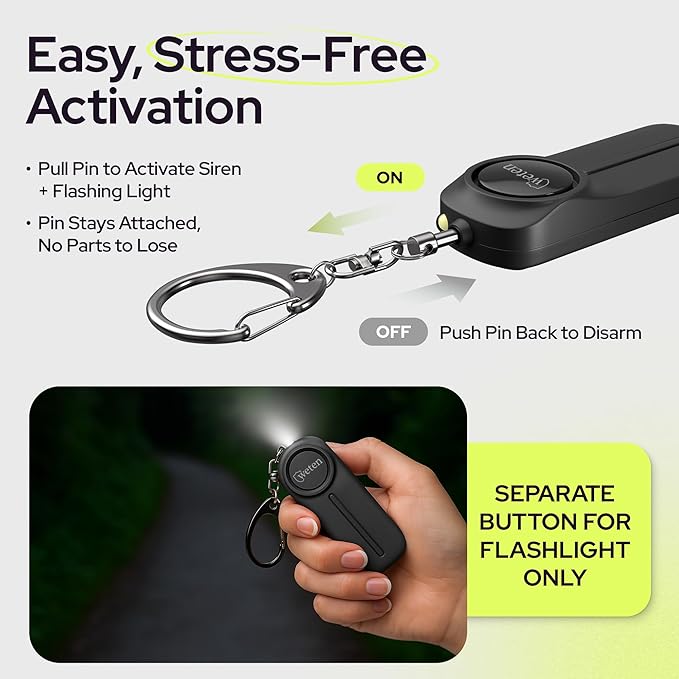 Personal Alarm Keychain for Women Self Defense - Loud Safety Whistle Alert Device with LED Light – 130 dB Emergency Security Handheld Siren Key Chain by WETEN, Black | 130dB Siren, LED Light, Panic Pin, Self-Defense Device, Emergency Whistle Alternative - Image 3