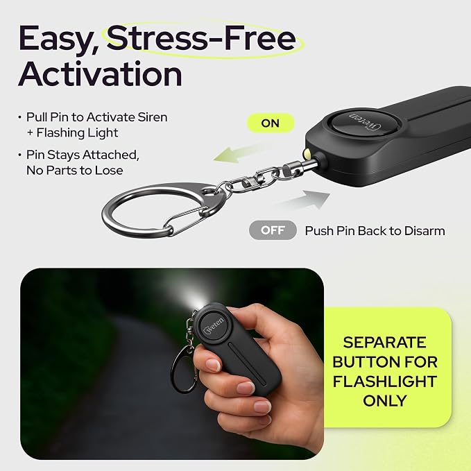 Personal Safety Alarm Keychain for Women, 130dB Siren, 2 Pack Black | LED Light, Panic Pin, Self-Defense Device, Emergency Whistle Alternative for College, Travel, and Night Walk Protection - Image 3