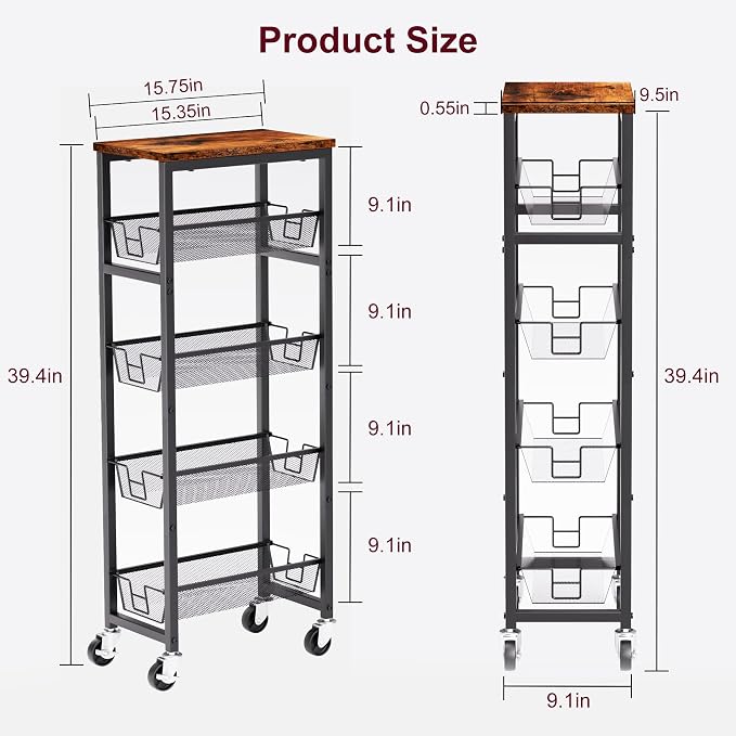 Slim Rolling Cart, 5-Tier Storage Cart, 9.1inch Narrow Kitchen Rolling Cart on Wheels for Small Space, Utility Cart Shelving Unit with Wooden Top and Metal Handle for Kitchen, Bathroom, Laundry Room - Image 4