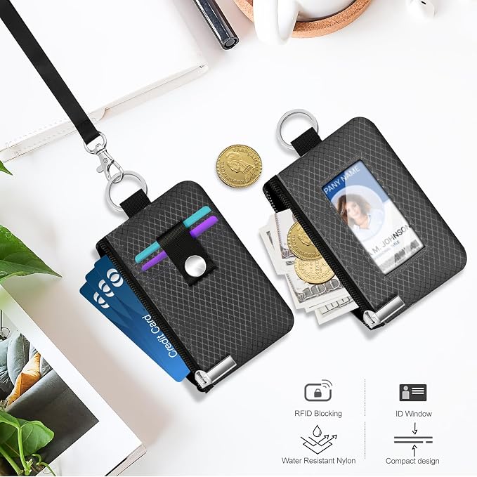 Minimalist RFID Blocking Small Wallet with ID Window,WaterResistant Zip Id Case Wallet with Lanyard Keychain for Cards,Cash,Travel,Women,Men (DarkGrey) - Image 8