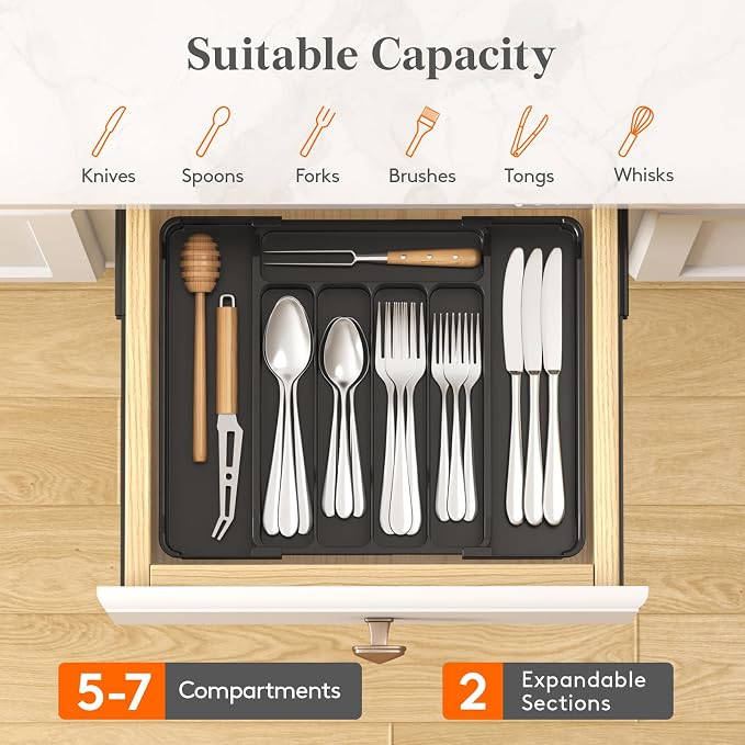 Lifewit Silverware Organizer for Drawer, Expandable Utensil Tray | BPA-free Plastic Adjustable Cutlery Holder for Kitchen Storage, 8.1-13.9 x 11.3, Black - Image 3