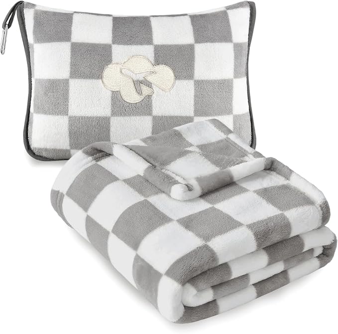 Travel Blanket and Pillow Compact, Premium Soft 2 in 1 Airplane Blanket with Soft Bag Pillowcase，Hand Luggage Sleeve and Backpack Clip (Grey Checkered) by JungleStar
