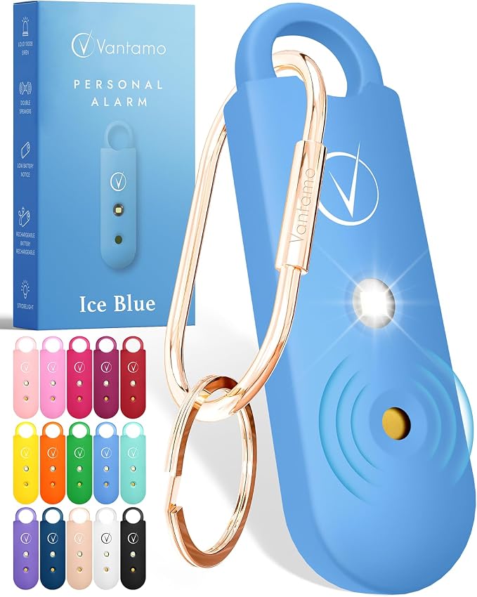 Vantamo Personal Alarm for Self Defense with Low Battery Notice, Strobe Light & Extra Loud 130 dB Double Speakers Safety Keychain Set for Women, Rechargeable Panic Button for Womens Self Defense by Vantamo