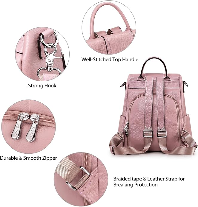 S-ZONE Leather Backpack Purses for Women Antitheft Rucksack Shoulder Bag Medium | Genuine Leather, Medium Fits 9.7-inch Tablet, for Work Travel Daily Commute, Multi Pockets, Adjustable Dual Straps - Image 5