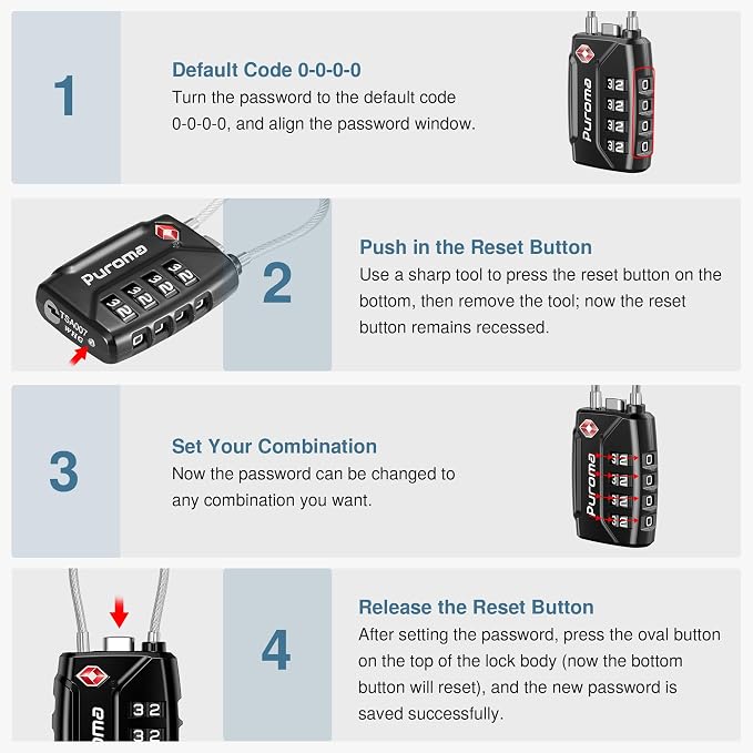 Puroma 1 Pack TSA Approved Luggage Locks 4 Digit Code Cable Lock Black | Resettable, Flexible Cable, Zipper holes, Zinc Alloy, Bright Color, Large White Numbers, Suitcase Train Travel, laptop bag - Image 7