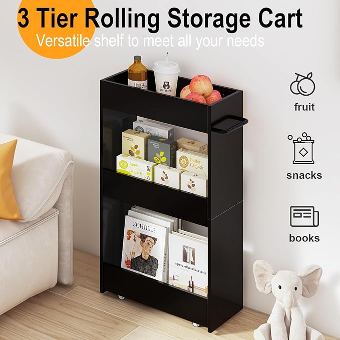 MARTY Slim Rolling Storage Cart 7.9" W Laundry Cart with Wheels,Wood, Black | Narrow Utility Cart Between Washer and Dryer, 3 Tier Mobile Shelving Unit for Kitchen, Laundry, Bathroom, Office, Living Room - Image 5
