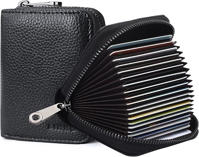 Linno RFID 20 Slots Credit Card Holder Genuine Leather Small Wallet for Women or Men with Zipper by Linno