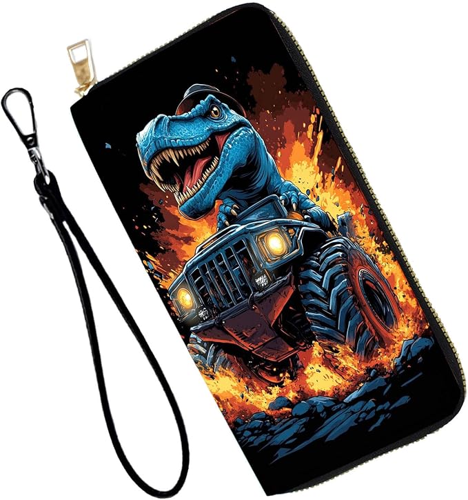 Women's RFID Blocking PU Leather Zip-Around Wallet, Large Capacity Clutch with Phone Holder, Travel Purse & Card Organizer with Removable Wristlet,Dinosaur in Monster Truck by Unknown