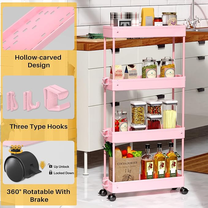 SPACEKEEPER Slim Rolling Storage Cart, 4 Tier Bathroom Cart Organizer, Pink | Narrow Rolling Cart with Wheels for Kitchen Office Bathroom Laundry Room,Mobile Utility Cart for Craft Art Makeup Nail Polish - Image 7