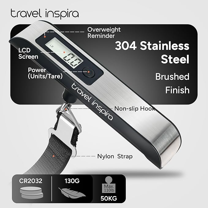 travel inspira Luggage Scale, Portable Digital Hanging Baggage Scale for Travel, Suitcase Weight Scale with Rubber Paint, 110 Pounds, Battery Included - Image 6