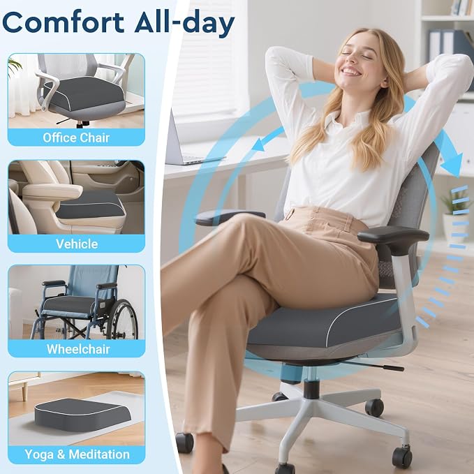Seat Cushion, Memory Foam Office Chair Cushion, Gray, Large | Office Desk Accessories, Butt Pillow for Long Sitting Sciatica, Coccyx, Tailbone, Hip Pain Relief - for Home, Car, Airplane - Image 7