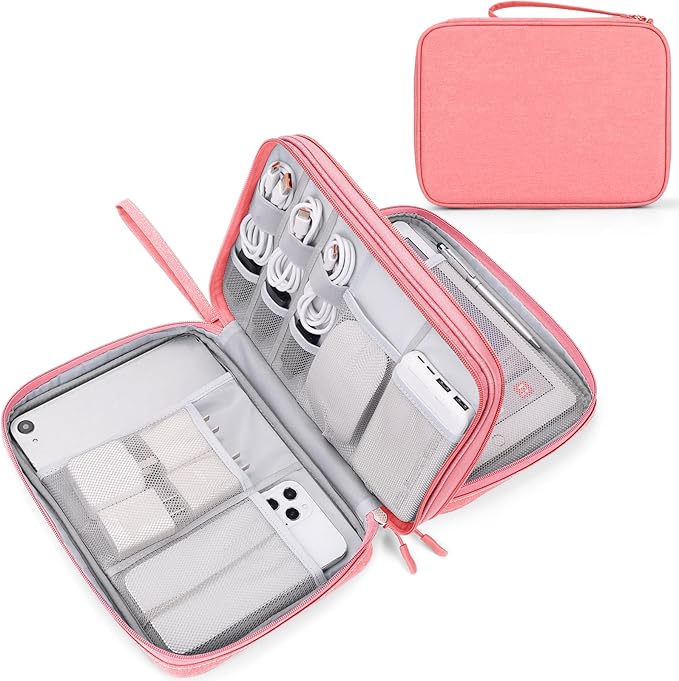 FYY Electronic Organizer, Travel Tech Pouch Bag, Extra Large, Pink | Wrist Strap, Waterproof, Double Layers Electronics Travel Case for iPad, Cord, Laptop Charger, Daily and Business Trips Use by FYY
