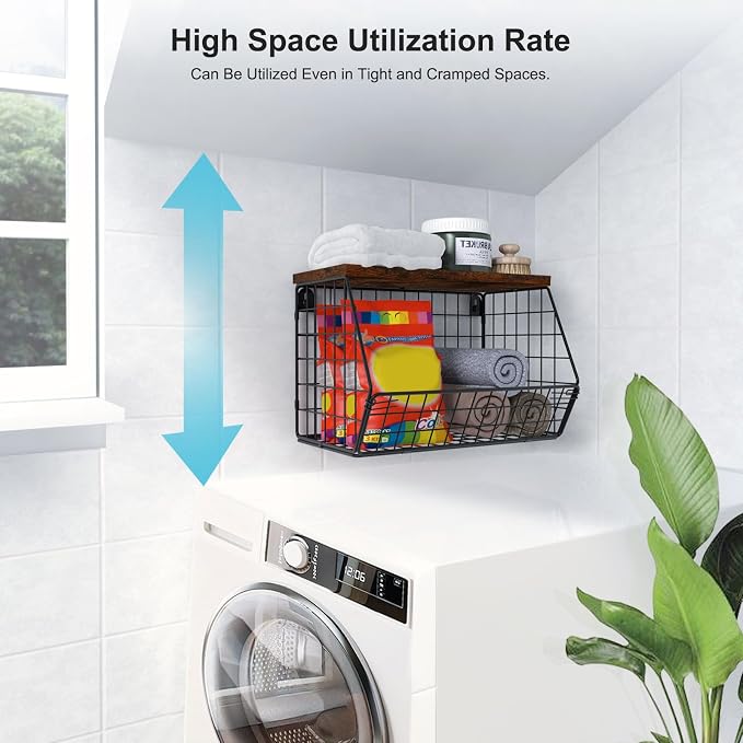 MSJGA Laundry Room Shelves, Wall Mounted Storage Basket, 11.8"Wx7.9"Dx8.5"H | Stackable Wire Wall Shelves Organizer for Towels, Detergent, Tissues, Space-Saving Over Washer & Dryer, Small Spaces - Image 5