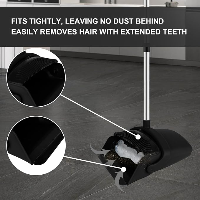 Black Broom and Dustpan Combo Set, 51" Long Handle Broom | Hands-Free Pet Hair Cleaning, Built-in Comb Dustpan, Space-Saving Storage, Multi-Surface Use for Home, Kitchen & Office - Image 5