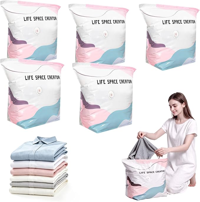 5PC No Pump Vacuum Storage Bags, No Pump Large Vacuum Storage Compression Bags, Thick Airtight Reusable Organizer for Clothes Comforters Travel Moving Closet Storage (M) by Unknown