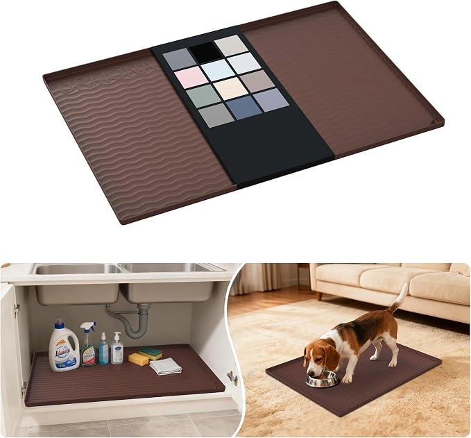 URMONA Waterproof Silicone Under Sink Mat 28'' x 22'' Shelf Liner for Kitchen and Bathroom, Cabinet and Counter Protector, Storage and Organizers, Litter Mat, Pet Cat Puppy Essentials(Brown) by URMONA