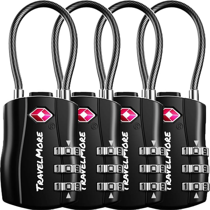 TSA Approved Luggage Locks, Travel Combination Cable Locks | TSA Accepted, Easy to Use, Durable, Flexible Steel Cable, Zinc Alloy Body, for Suitcases, Backpacks, Zippers, 4-Pack, Black by TravelMore