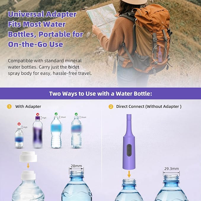 Hibbent Portable Bidet for Travel, High Pressure Electric Handheld Bidet Sprayer, 350-550ML Expandable Bottle for Personal Hygiene, USB-C Rechargeable Waterproof Sprayer for Women & Men, Purple - Image 4