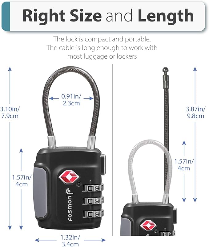 Fosmon TSA Approved Luggage Locks, Cable Suitcase Travel Lock, 3 Digit Long Shackle Combination Padlock, Wire Lock for Gym Locker, Backpack Anti Theft - Image 4