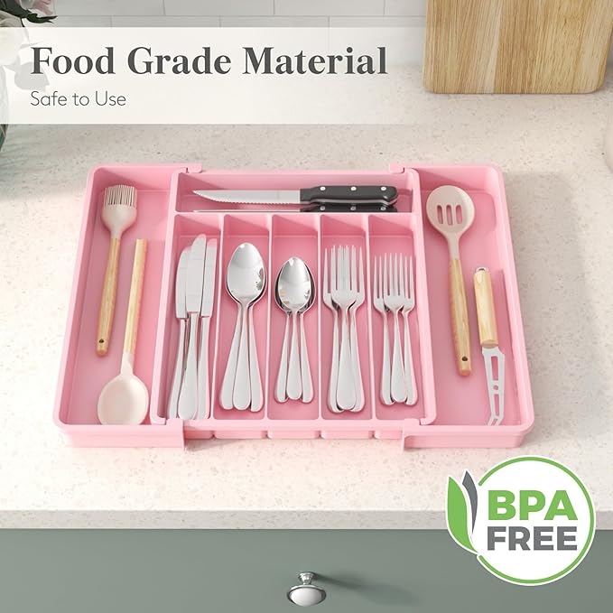 Lifewit Expandable Silverware Drawer Organizer, Kitchen Utensil Tray | BPA-free Plastic Flatware Cutlery Holder, Space-Saving Storage for Spoons Forks Knives, 11-18 x 14 x 1.5“, Pink - Image 7