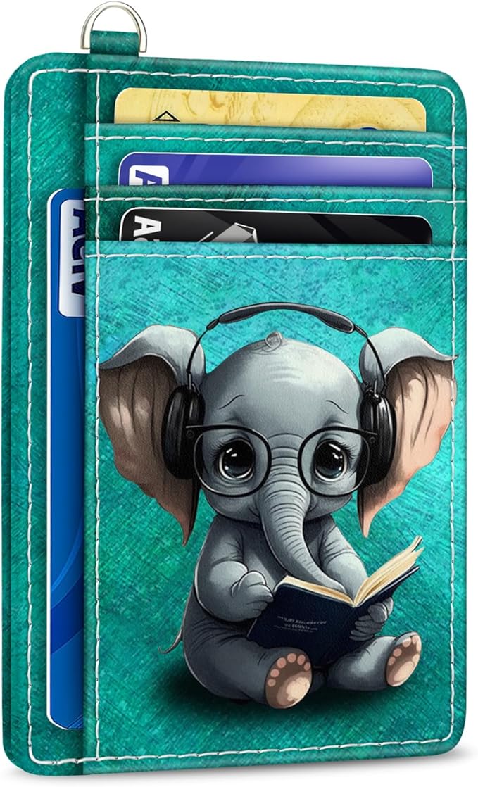 Yonlevres Elephant Credit Card Holder Slim RFID Wallet Women Small Cute | Front Pocket, Handy, RFID Blocking, Woman Girls Ladies Gifts, D-ring for Keychain,Thin Mini Card Case, ID Window, PU Leather by Yonlevres