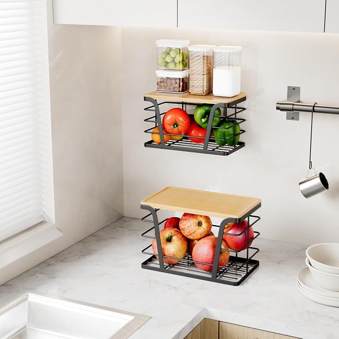TIDIIABODE 2 Pack Stackable Storage Laundry Kitchen Organizers, Wall Mount Trash Bag Holder with Bamboo Top and Garbage Bag Dispenser No Drill - Image 3