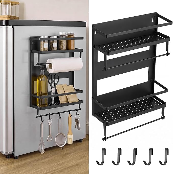 Vercraft Magnetic Dorm Fridge Organizer Heavy Duty Metal 66lbs over Dorm Fridge Shelf Essentials Side of Fridges Paper Towel Holder with Storage Shelf Hooks Magnetic Spice Rack for Room Kitchen(Black) by Vercraft