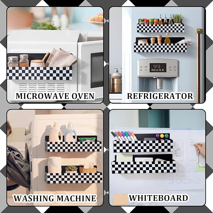 Beeveer 2 Pcs Magnetic Spice Rack for Refrigerator, Checkered | Black and White, Farmhouse Retro Kitchen Decor Accessories, 2 Sizes Metal Storage Shelf for Fridge Spices, No Drilling. - Image 6