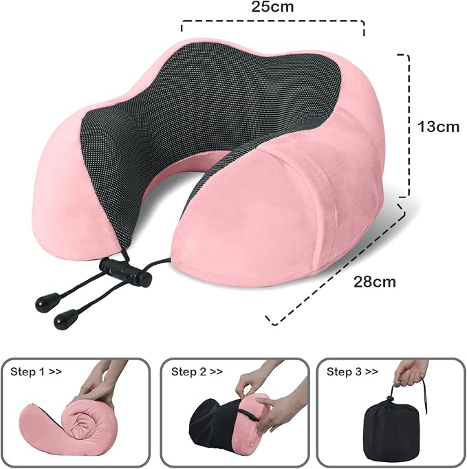Travel Pillow, Memory Foam Neck Pillow for Traveling, U Shape Neck Pillow Airplane Portable Flight Pillow Travel Kit with 4D Contoured Eye Masks and Earplug for Plane Train Car Home Office - Pink - Image 5