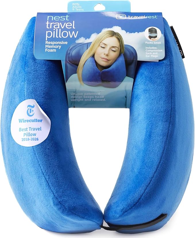 TRAVELREST Nest Neck Pillow Travel Essentials - Memory Foam Support - Blue | Breathable, Compact, Soft and Comfortable Design, Head & Shoulder Support For Long Flight Travel, Lightweight Washable Cover by TRAVELREST