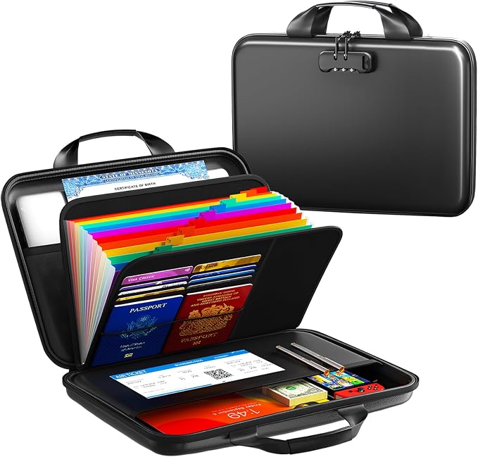 Fireproof Document Organizer with Lock, Rigid EVA File Box with 13-Pocket Accordion Folder for Important Documents & Tablets under 11", Lightweight Safe Storage for Home, Office & Travel (Small Size) by Unknown