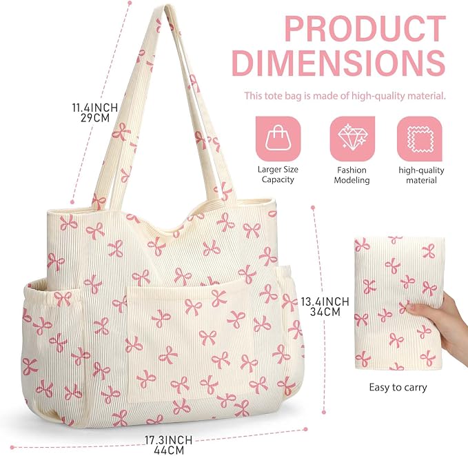 Corduroy Tote Bag for Women,Large Capacity Cute Tote Bags With 6 Pockets,Crossbody Shoulder Handbag for Work Travel Gym - Image 6