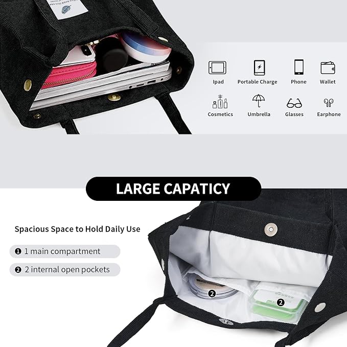Corduroy Tote Bag for Women Crossbody Bags Lightweight Handbags Shoulder Bag with Zipper Pockets for Work Shopping - Image 3