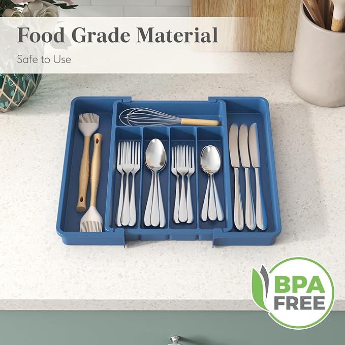 Lifewit Expandable Silverware Drawer Organizer, Kitchen Utensil Tray | BPA-free Plastic Flatware Cutlery Holder, Space-Saving Storage for Spoons Forks Knives, 8.5-14 x 12 x 1.5“, Dark Blue - Image 6
