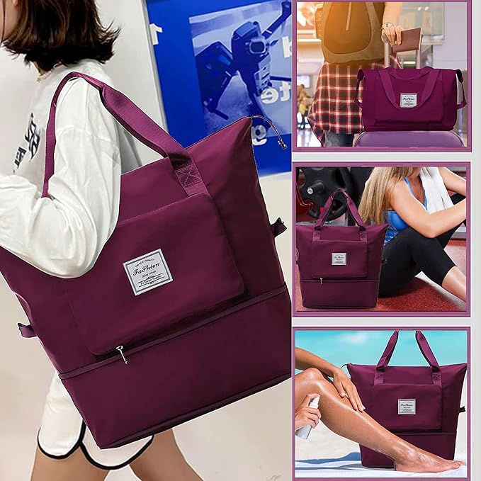 Large Capacity Travel Bag, Foldable Travel Bag, Expandable Duffel Bag, Collapsible Waterproof Large Capacity Handbag, Overnight Bags for Women and Man (Fuchsia+Toiletry Bag) - Image 2