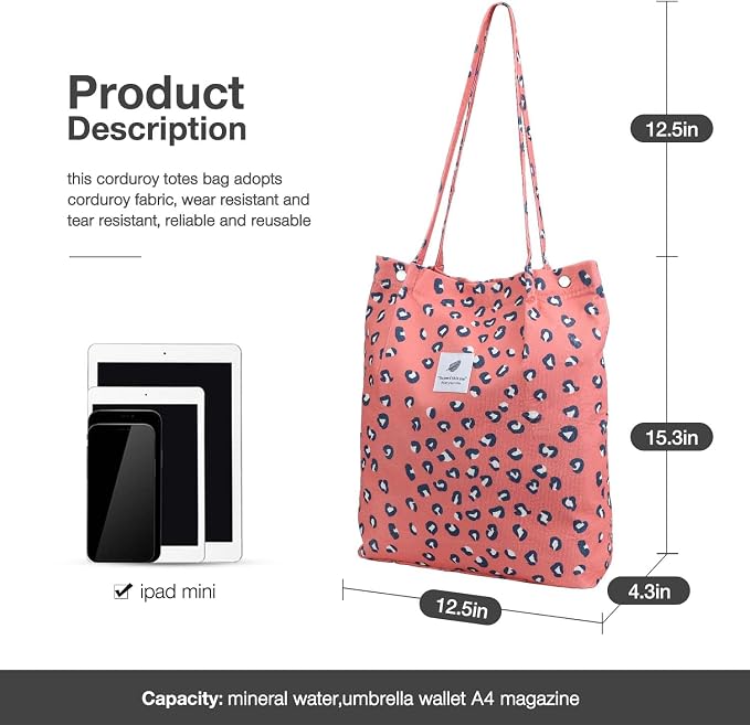 LHMTQVK Corduroy Tote Bags for Women, Large Capacity Tote Purse Reusable Grocery Shoulder Bag with Inner Pockets - Image 3