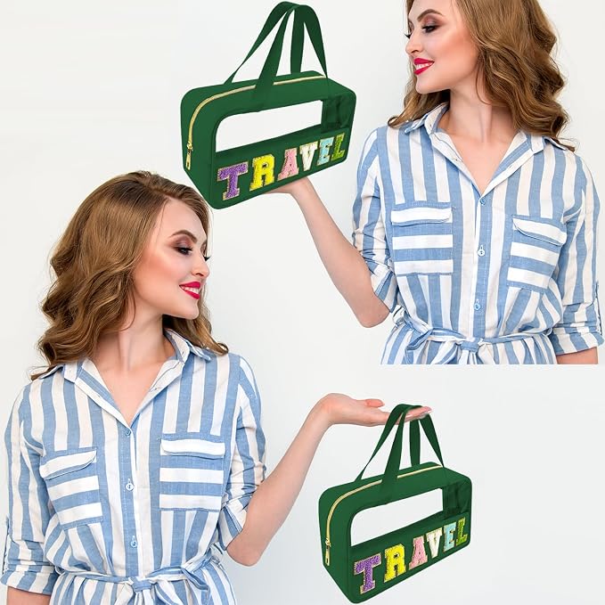 Bunliuys Chenille Letter Clear Makeup Bag Travel Patch, Travel Toiletry Makeup Bag with Handle, Nylon Waterproof Makeup Bags clear cosmetic bag, preppy patch makeup bag for Women (TRAVEL-Dark Green) - Image 6