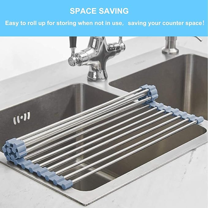 Seropy Roll Up Dish Drying Rack Over Sink Over The Sink Dish Drying Rack Kitchen Dish Drainer, Folding Dish Rack for Kitchen Sink Counter Stainless Steel Mat Foldable Dish Dryer Racks 17.5" x 13.7" - Image 3