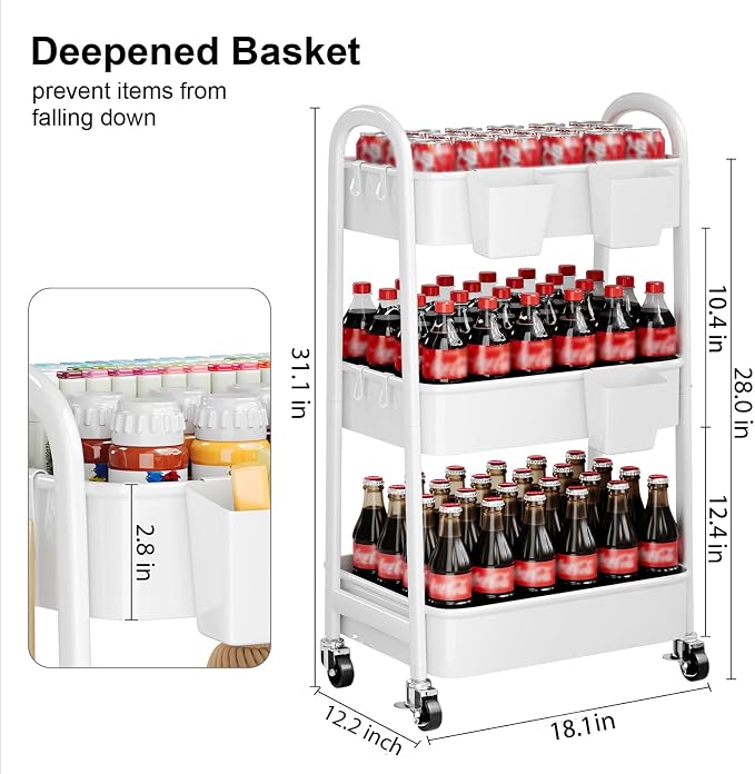 Heavy Duty 3 Tier Rolling Cart Metal with Wheels, White Three Tiered Shelf | Utility Roller Storage Carts Organizer on Wheels for Art, Craft,Baby Nursery, Diaper Caddy,Postpartum,Bedside,Cleaning Supply - Image 9