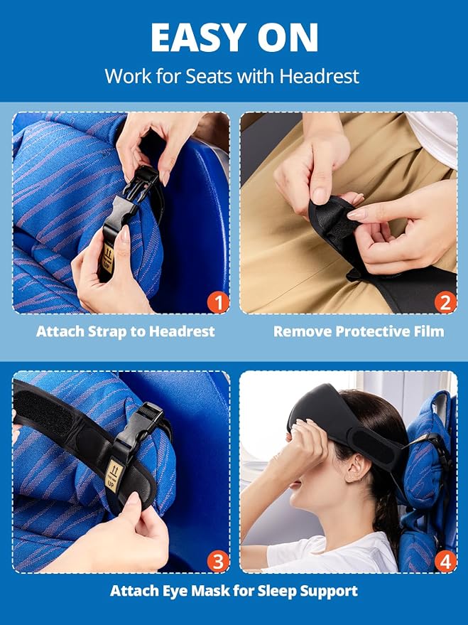 SARISUN Airplane Head Strap - 3D Eye Mask for 360° Stable Support, Compact | Travel Pillow Alternative for Long Flight, Attach to Seat Headrest, Stops Bobblehead, Soft and Portable, Sleep Support, Black - Image 2
