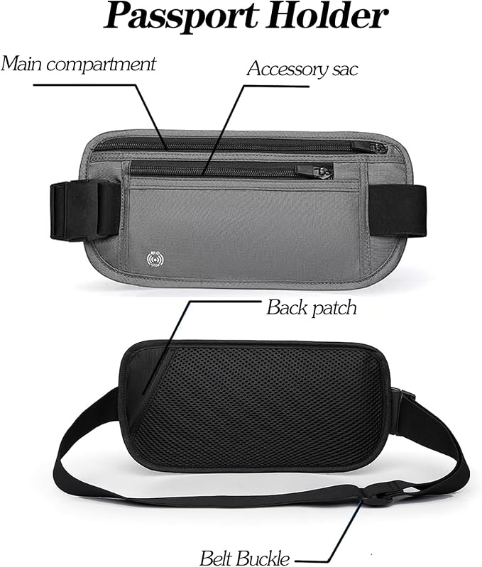 Gray Hidden Money Belt for Travel for Men, Waist Wallet Anti Theft, RFID Passport Holder For Travel Men Or Women, Money Pouch, RFID Passport Holder - Image 3