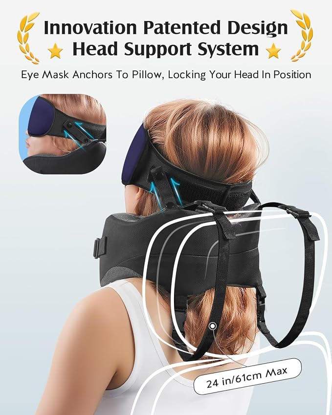 YFONG Travel Pillow with Head Support & Sleep Mask for Long Flights, Blue | Patented 360° Support System, Prevents Bobbing, Airplane Head Strap, 3D Eye Mask, Memory Foam Neck Pillow, Travel Essential - Image 3