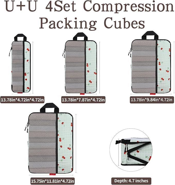 U+U 4 Set Compression Packing Cubes, Travel Organizers (Sage Green Cherry) | Space-Saving & Lightweight Travel - Image 3