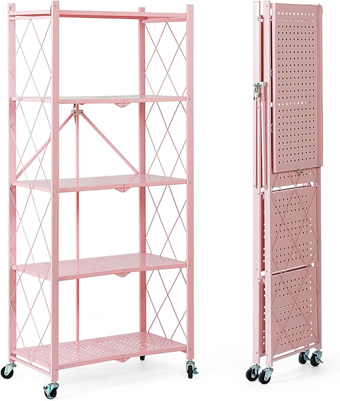 BRIAN & DANY 5-Tier Foldable Storage Shelves with Wheels, Folding Metal Rack Shelving Unit, Heavy Duty No Assembly Organizer Shelf for Garage, Kitchen, Basement, Pantry, Pink by BRIANDANY