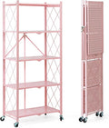 BRIAN & DANY 5-Tier Foldable Storage Shelves with Wheels, Folding Metal Rack Shelving Unit, Heavy Duty No Assembly Organizer Shelf for Garage, Kitchen, Basement, Pantry, Pink by BRIANDANY
