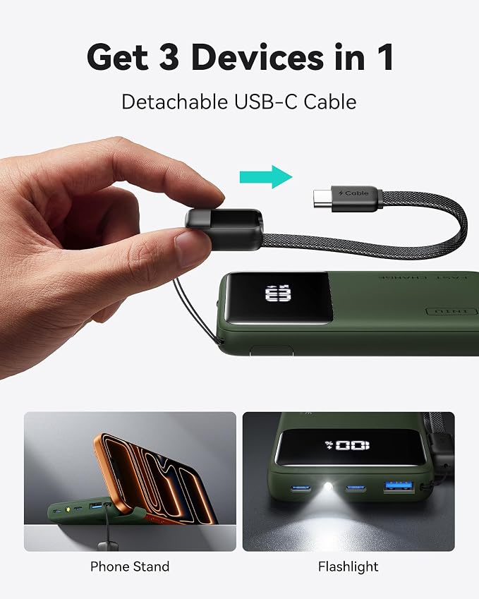 INIU Power Bank, Compact 10000mAh 45W PD Fast Charging Portable Charger | Detachable USB-C Cable, Stand, Flight-Safe, Travel, Flashlight, Battery Pack for iPhone 17 16, Samsung S26, iPad etc, Green - Image 4